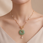 Jade Donut Pendant Necklace with Openwork Bail and Pearl Drop - 图片 2