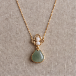 Jade Teardrop Pendant Necklace with Triple Pearl Scroll Motif