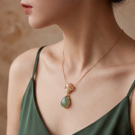 Jade Teardrop Pendant Necklace with Triple Pearl Scroll Motif - 图片 5
