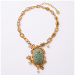 Carved Jade Centrepiece Necklace with Pearl Drops in Antique Gold