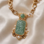 Carved Jade Plaque Necklace with Pearls on Mixed Gold Chain - Image 7