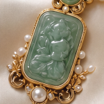 Carved Jade Plaque Necklace with Pearls on Mixed Gold Chain - Image 8