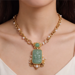 Carved Jade Plaque Necklace with Pearls on Mixed Gold Chain - Image 2