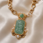 Carved Jade Plaque Necklace with Pearls on Mixed Gold Chain