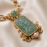 Carved Jade Plaque Necklace with Pearls on Mixed Gold Chain - Image 6