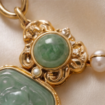 Carved Jade Plaque Necklace with Pearls on Mixed Gold Chain - Image 5