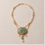Carved Jade Medallion Double-Strand Pearl Necklace with Fringe Drops