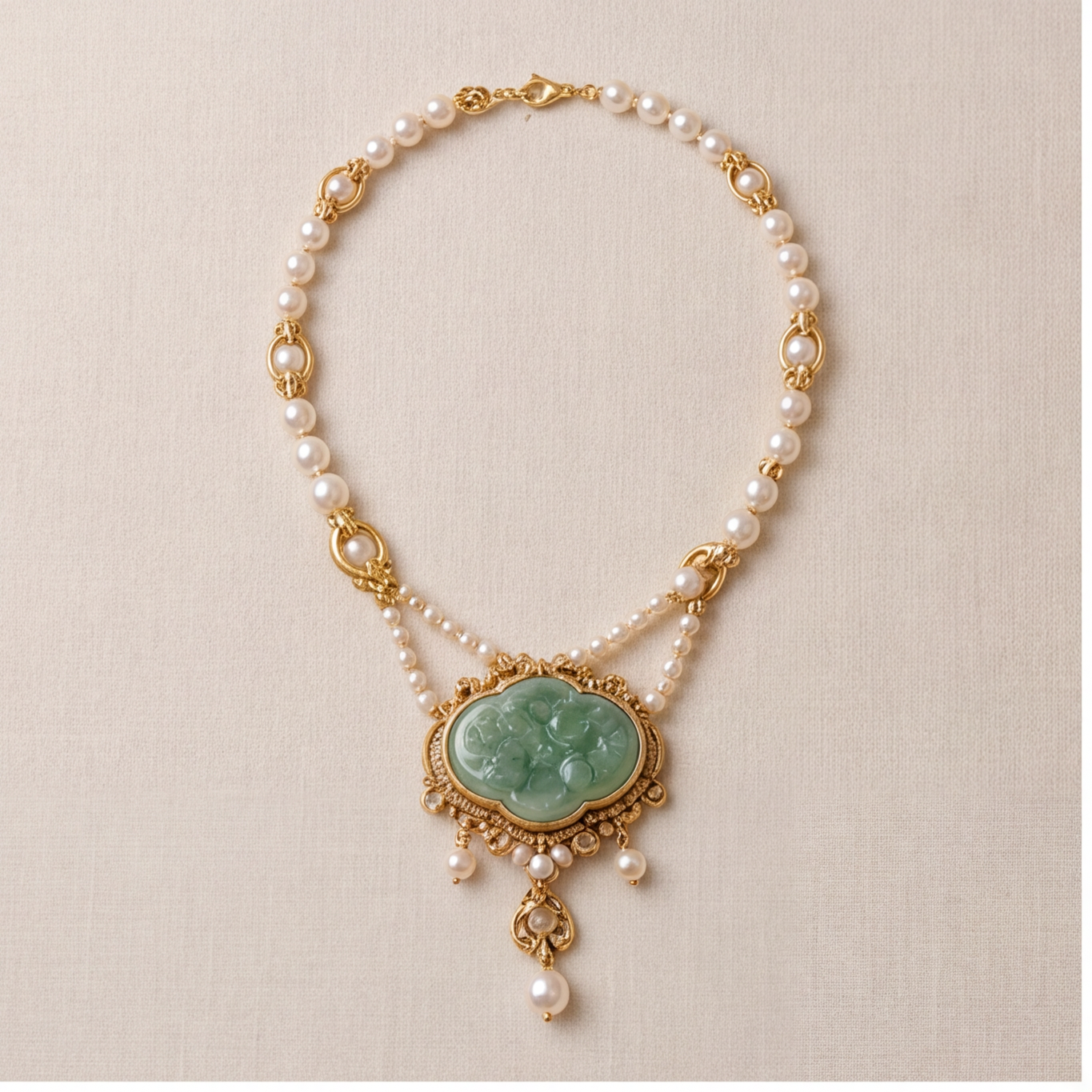 1786583356_3ea69fb2-1 Carved Jade Medallion Double-Strand Pearl Necklace with Fringe Drops - 图片 1