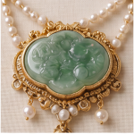 Carved Jade Medallion Double-Strand Pearl Necklace with Fringe Drops - 图片 4