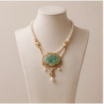 Carved Jade Medallion Double-Strand Pearl Necklace with Fringe Drops - 图片 3