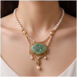 Carved Jade Medallion Double-Strand Pearl Necklace with Fringe Drops - 图片 2