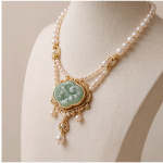 Carved Jade Medallion Double-Strand Pearl Necklace with Fringe Drops - 图片 5