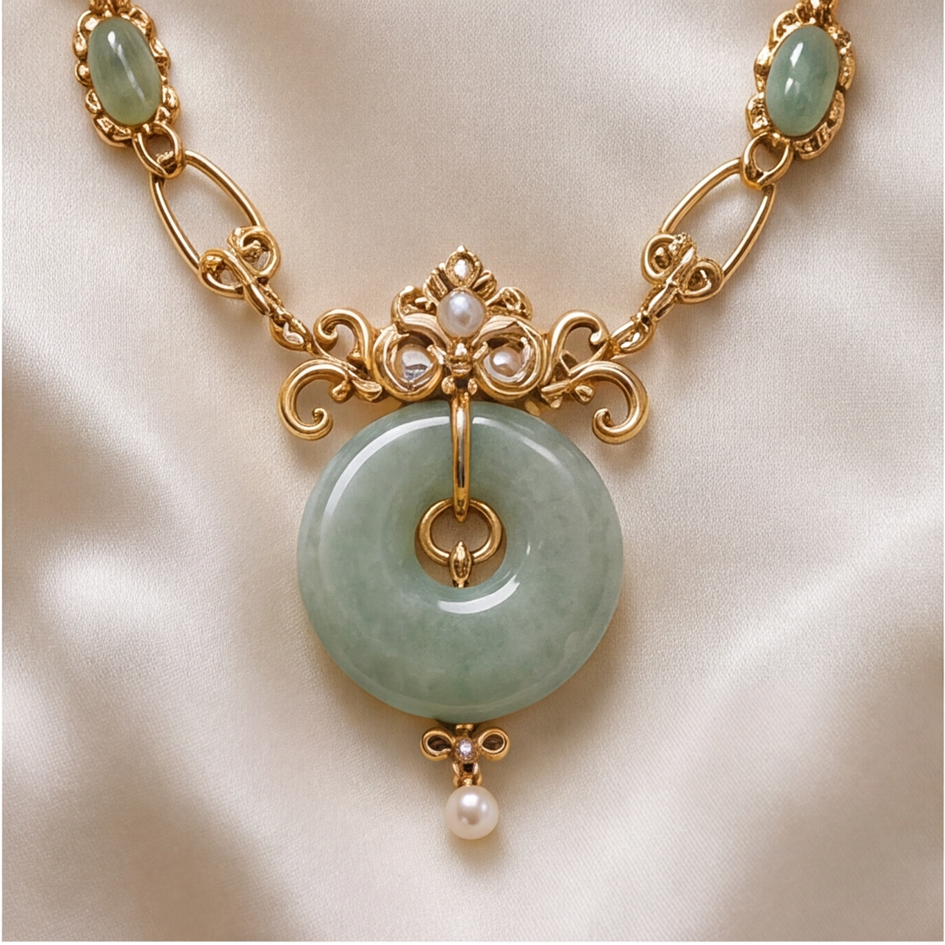 1786583357_aaeb168f-2 Jade Donut Necklace with Ornate Pearl Bail and Cabochon Stations - 图片 1