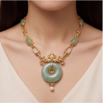 Jade Donut Necklace with Ornate Pearl Bail and Cabochon Stations - 图片 5