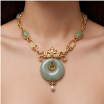 Jade Donut Necklace with Ornate Pearl Bail and Cabochon Stations - 图片 2