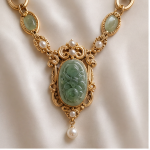 Carved Jade Oval Pendant Necklace with Jade Stations in Antique Gold - Image 7