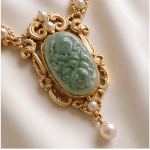 Carved Jade Oval Pendant Necklace with Jade Stations in Antique Gold - Image 4