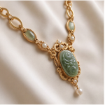 Carved Jade Oval Pendant Necklace with Jade Stations in Antique Gold - Image 3