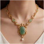 Carved Jade Oval Pendant Necklace with Jade Stations in Antique Gold - Image 8