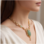 Carved Jade Oval Pendant Necklace with Jade Stations in Antique Gold - Image 5