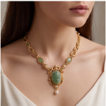 Carved Jade Oval Pendant Necklace with Jade Stations in Antique Gold - Image 2