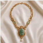 Carved Jade Oval Pendant Necklace with Jade Stations in Antique Gold