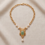 Oval Jade Cabochon Necklace with Pearl Stations in Antique Gold