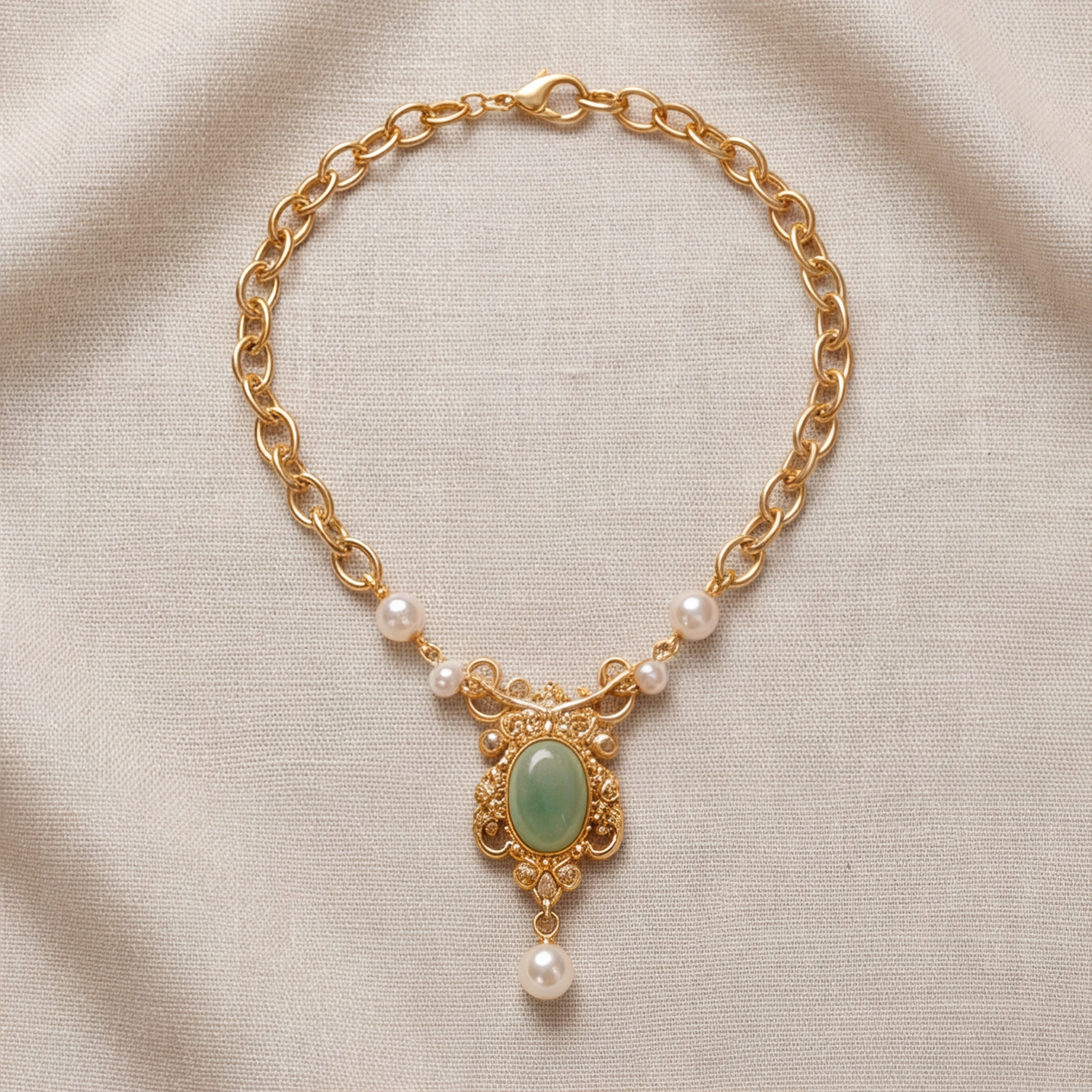 1786583392_c3f254c3-2 Oval Jade Cabochon Necklace with Pearl Stations in Antique Gold - 图片 1