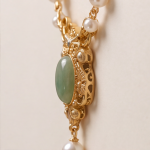 Oval Jade Cabochon Necklace with Pearl Stations in Antique Gold - 图片 3