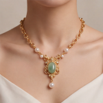 Oval Jade Cabochon Necklace with Pearl Stations in Antique Gold - 图片 8