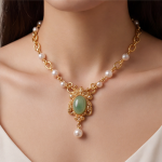 Oval Jade Cabochon Necklace with Pearl Stations in Antique Gold - 图片 2