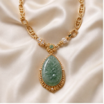 Carved Jade Teardrop Pendant Necklace with Floral Relief and Pearls