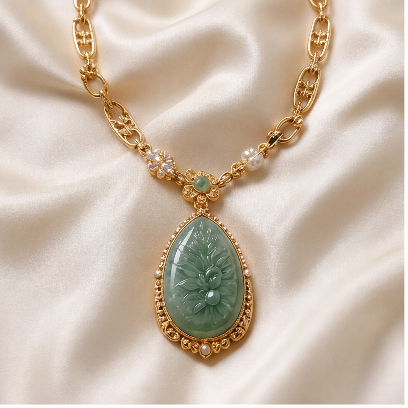 1786583409_7a2d39b4-1 Carved Jade Teardrop Pendant Necklace with Floral Relief and Pearls - 图片 1