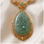 Carved Jade Teardrop Pendant Necklace with Floral Relief and Pearls - 图片 10