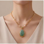 Carved Jade Teardrop Pendant Necklace with Floral Relief and Pearls - 图片 2