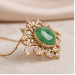 Round Green Jade Scrollwork Brooch Pendant in Gold-Plated Brass - 图片 6