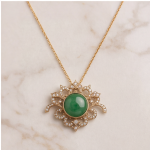 Round Green Jade Scrollwork Brooch Pendant in Gold-Plated Brass