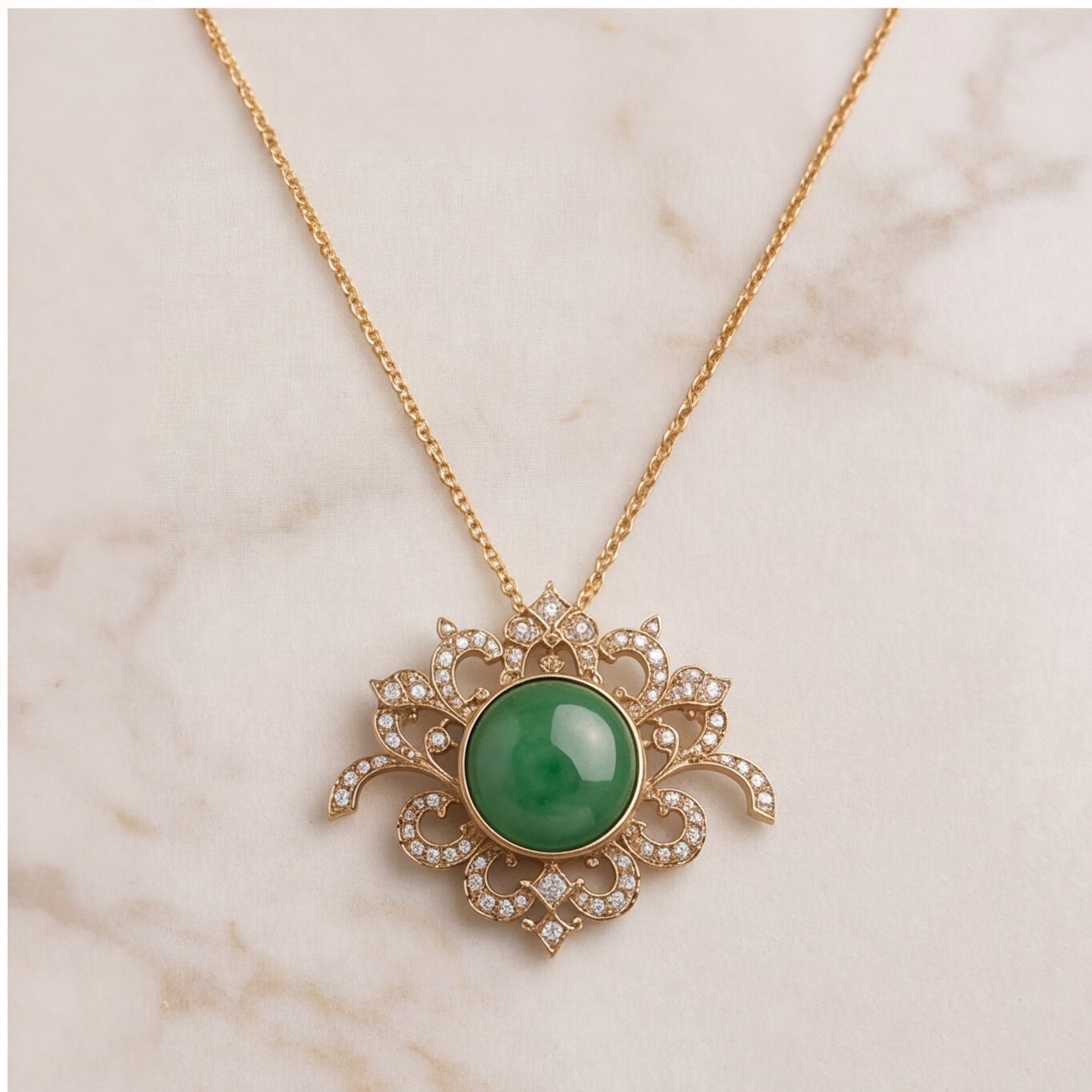 1786583810_7163cf93-9 Round Green Jade Scrollwork Brooch Pendant in Gold-Plated Brass - 图片 1