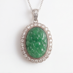 Oval Carved Green Jade Halo Pendant in Sterling Silver - 图片 6