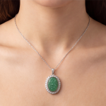 Oval Carved Green Jade Halo Pendant in Sterling Silver - 图片 5