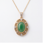 Oval Green Jade Filigree Pendant Necklace in Gold-Plated Brass