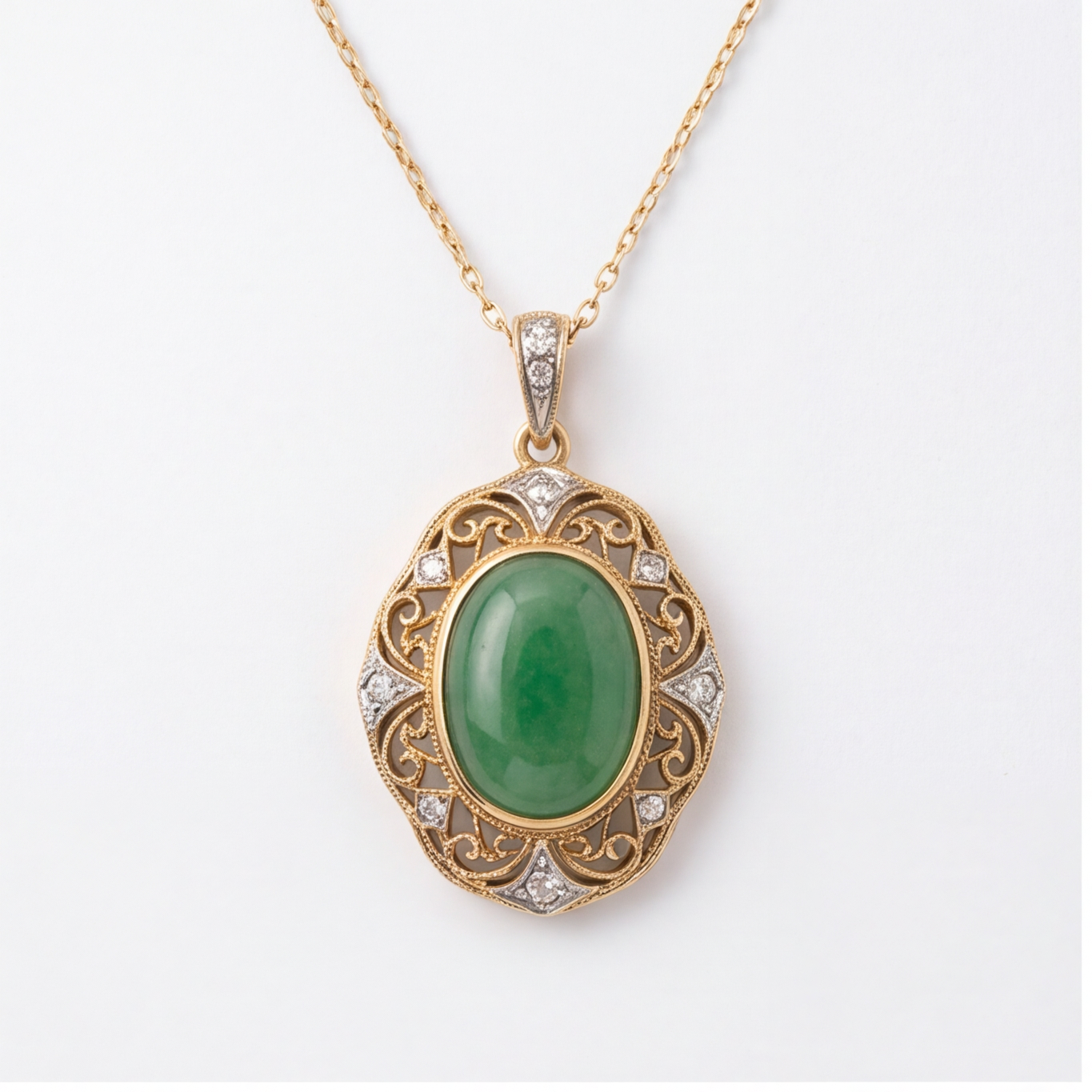 1786583940_3f647d7a-1 Oval Green Jade Filigree Pendant Necklace in Gold-Plated Brass - 图片 1