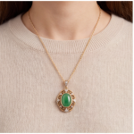 Oval Green Jade Filigree Pendant Necklace in Gold-Plated Brass - 图片 2