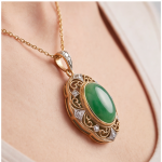 Oval Green Jade Filigree Pendant Necklace in Gold-Plated Brass - 图片 6