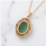 Oval Green Jade Filigree Pendant Necklace in Gold-Plated Brass - 图片 8