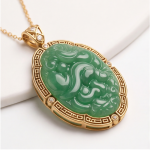 Large Carved Green Jade Oval Pendant with Greek Key Border - 图片 3
