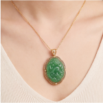 Large Carved Green Jade Oval Pendant with Greek Key Border