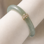 Pale Green Jade Bangle with Pave Gold Band Accent