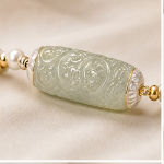 Carved Jade Barrel Bracelet with Freshwater Pearls and Slider Clasp in Gold Tone - Image 5