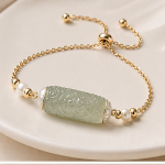 Carved Jade Barrel Bracelet with Freshwater Pearls and Slider Clasp in Gold Tone
